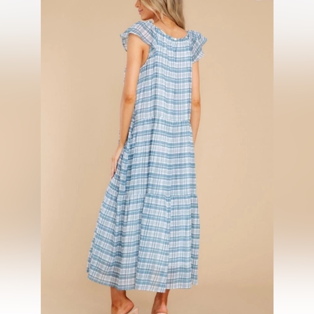 Olivia James The Label Tiered Blue Plaid Oversized Maxi Dress - Picture 2 of 7